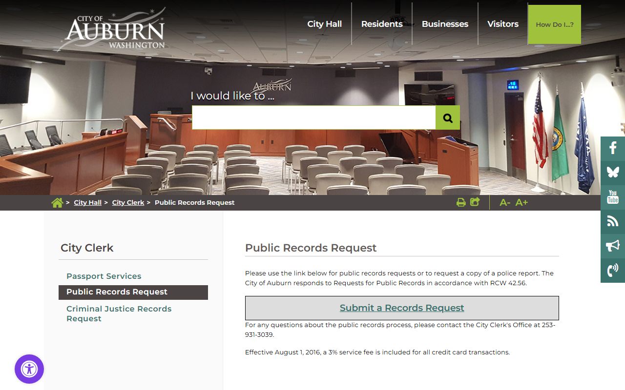 Auburn Traffic Ticket Records public records request page