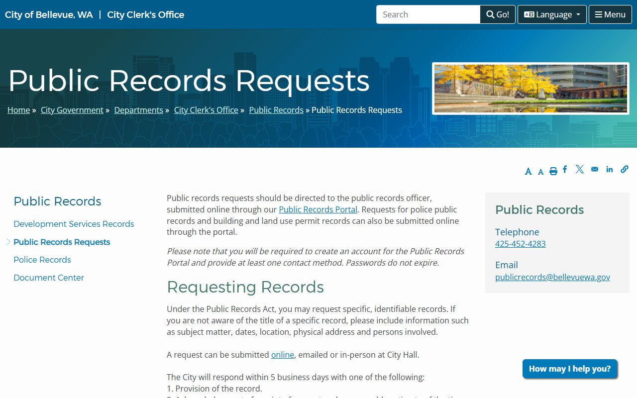 Bellevue Traffic Ticket Records public records request page