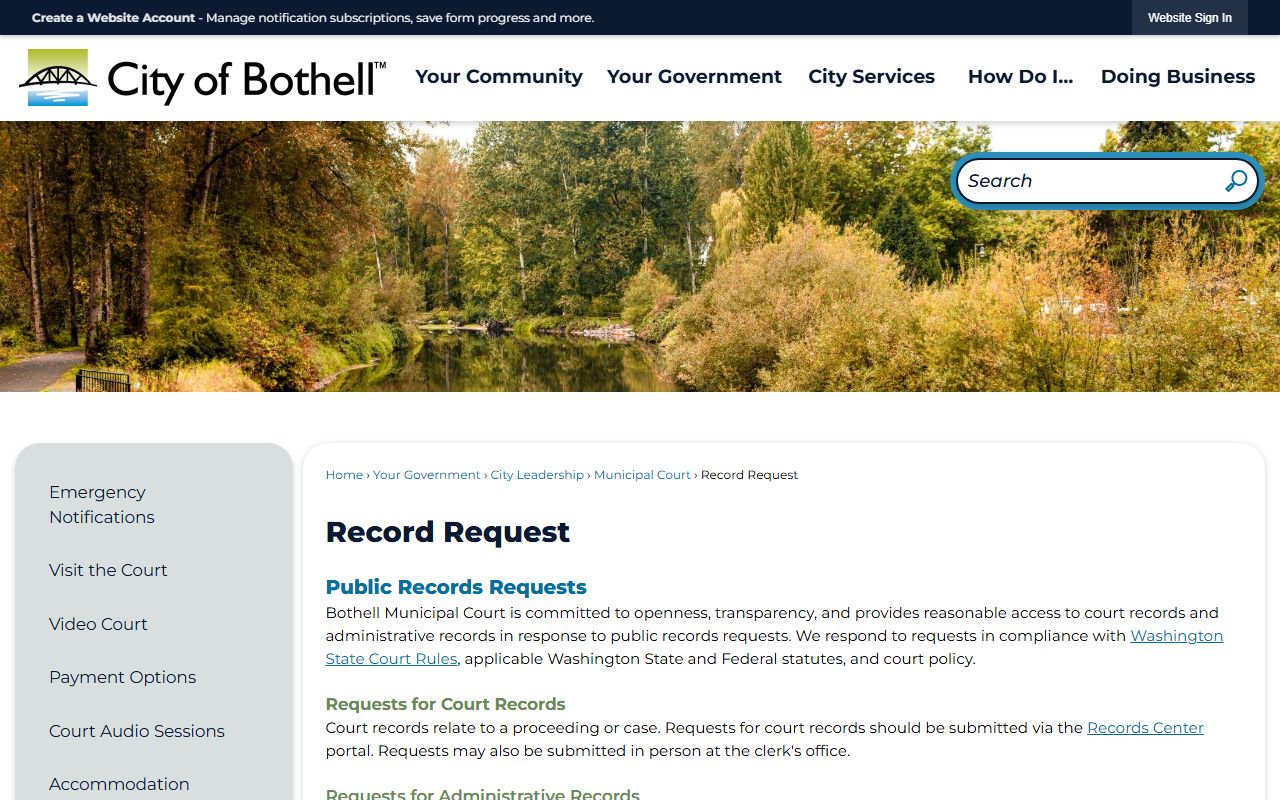 Bothell Traffic Ticket Records record request page