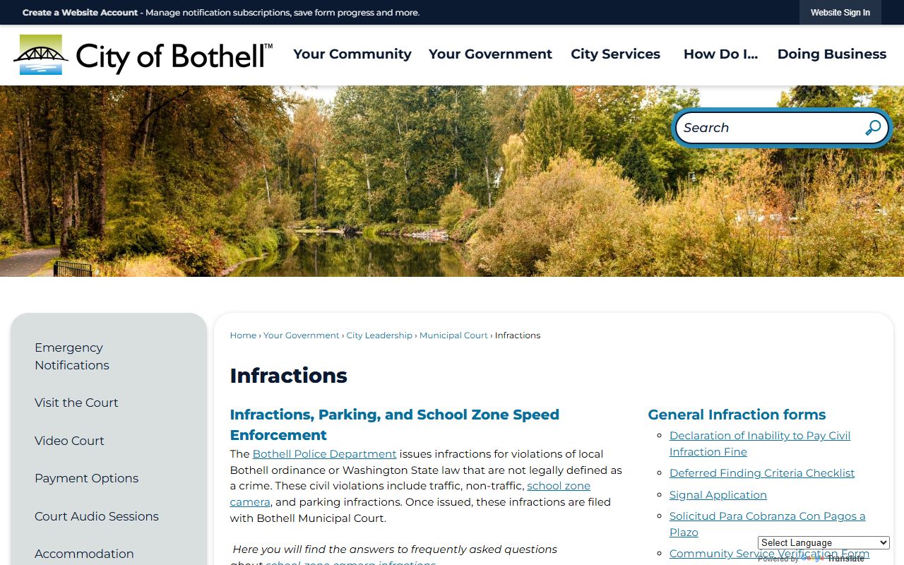 Bothell Traffic Ticket Records infractions page