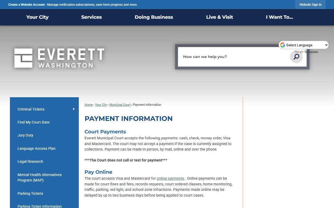 Everett Traffic Ticket Records payment information page
