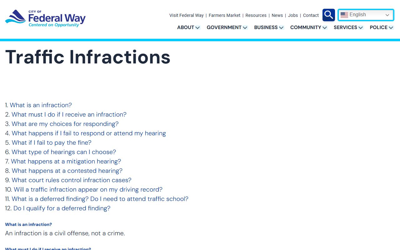 Federal Way Traffic Ticket Records traffic infractions page