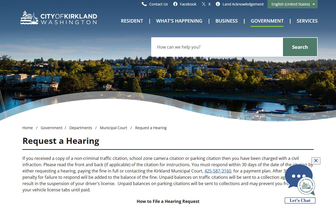 Kirkland Traffic Ticket Records hearing request page