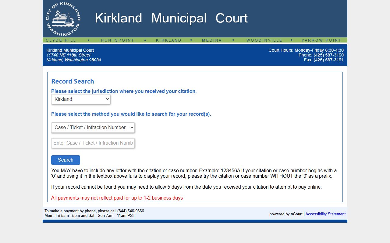 Kirkland Traffic Ticket Records payment portal