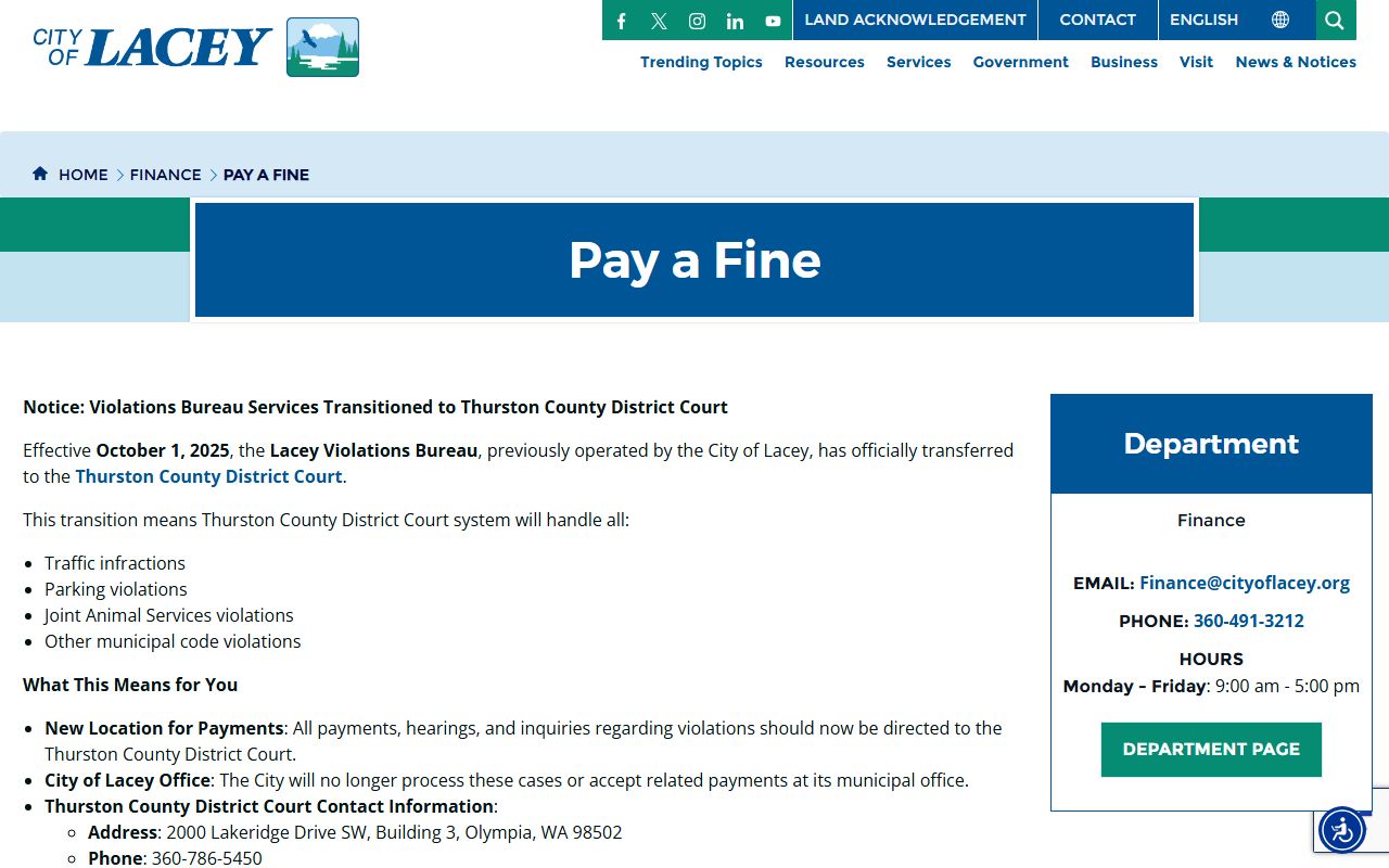 Lacey Traffic Ticket Records at the City of Lacey payment page
