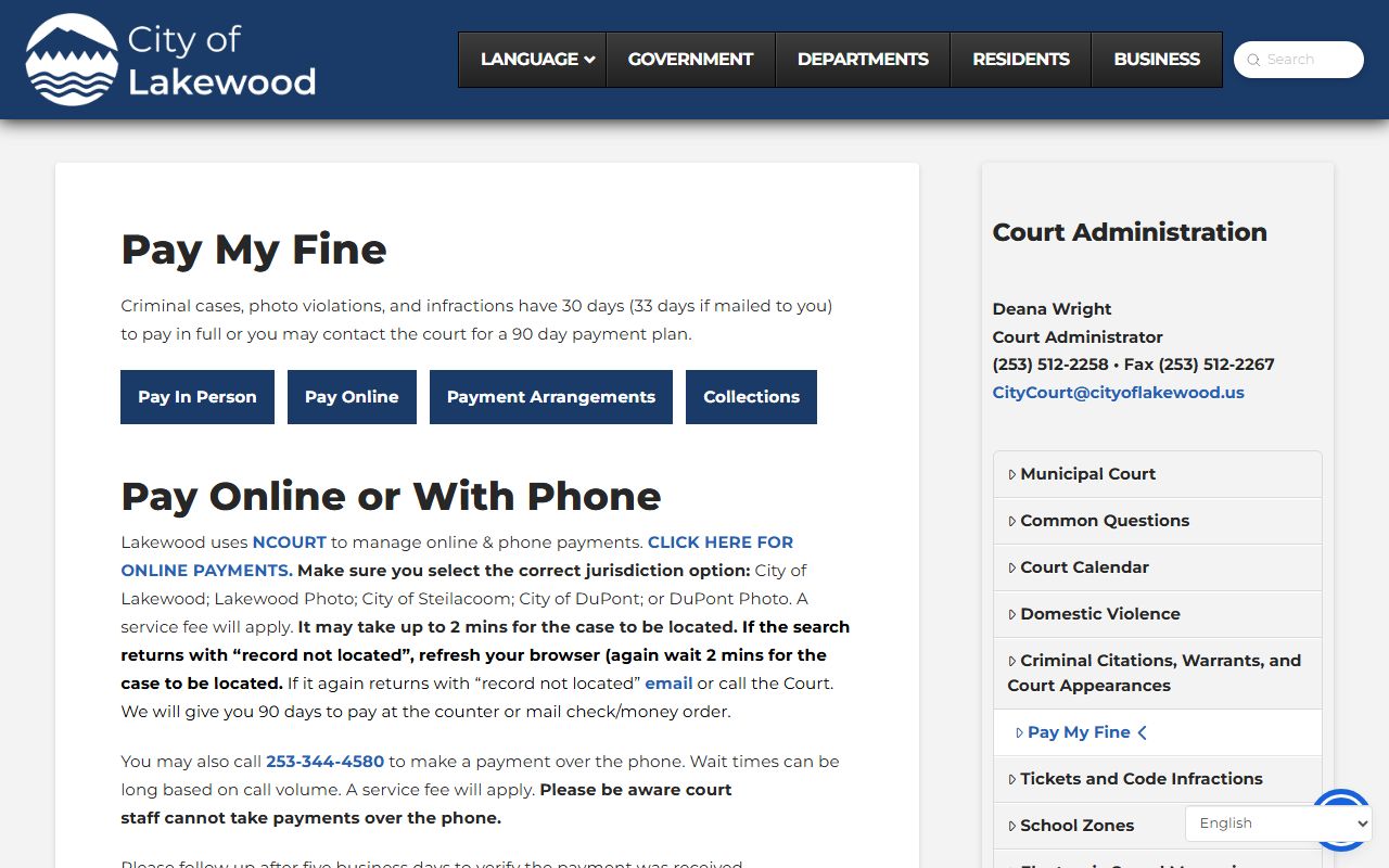 Lakewood Traffic Ticket Records pay my fine page
