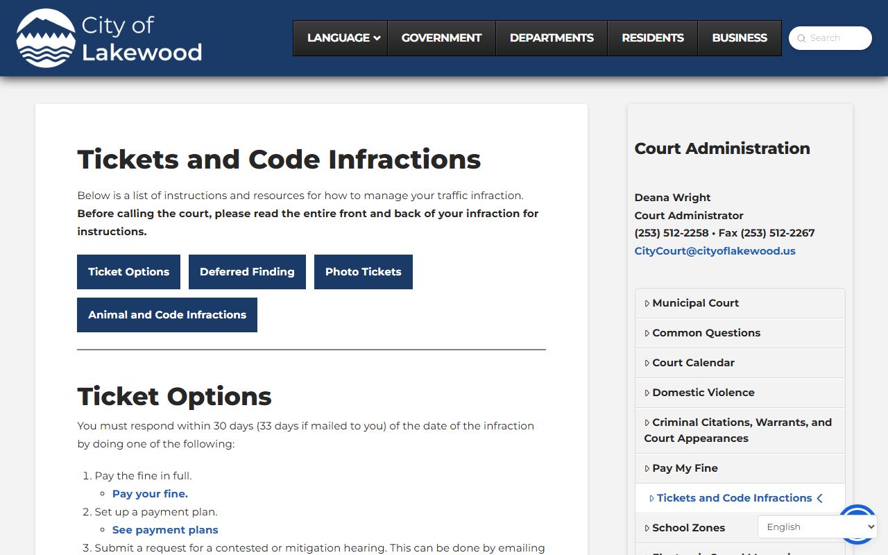 Lakewood Traffic Ticket Records traffic violations page