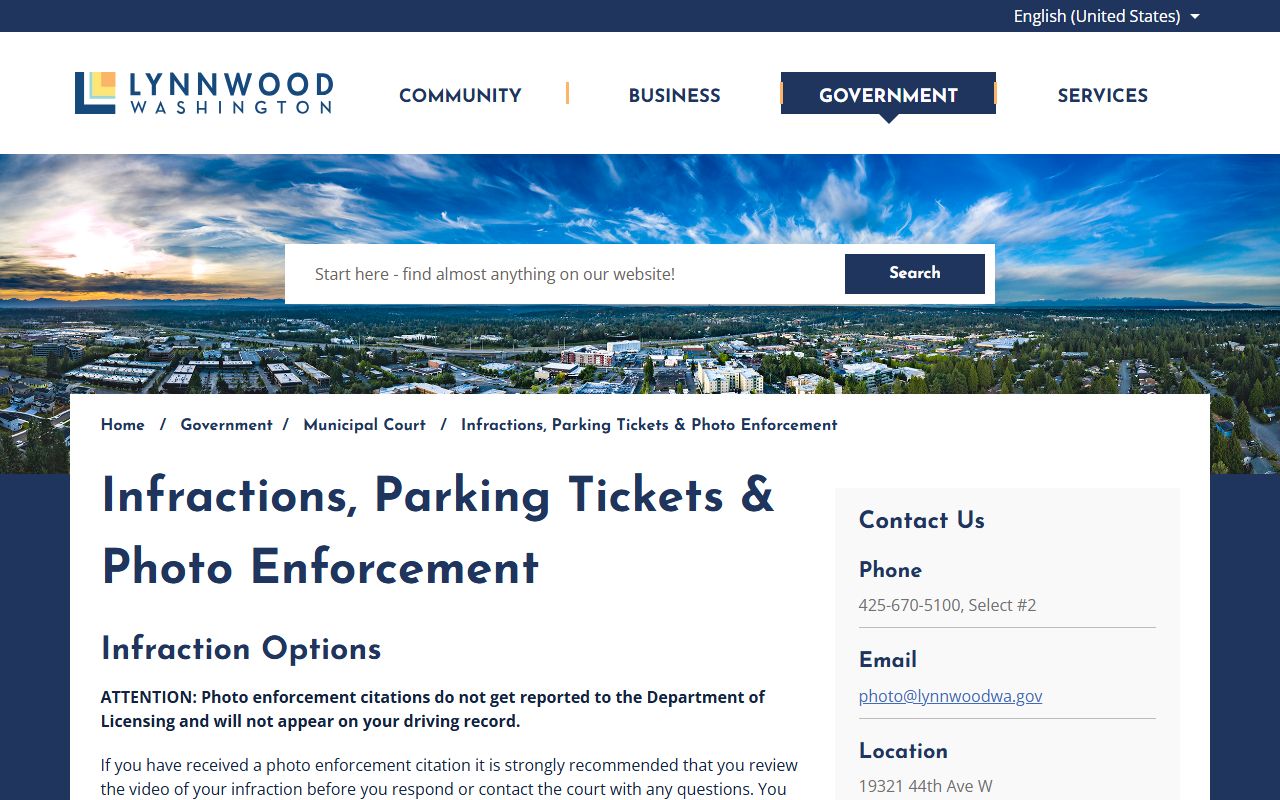 Lynnwood Traffic Ticket Records infractions page