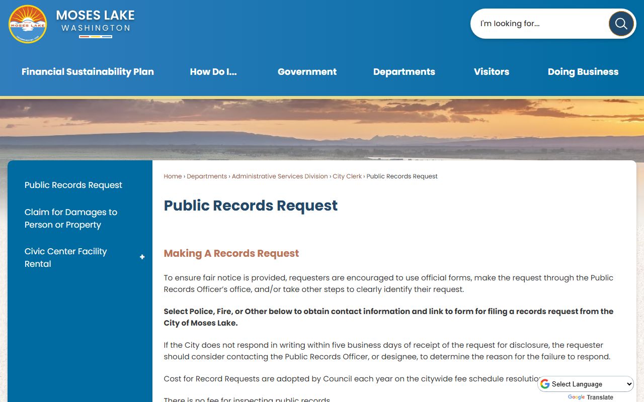 Moses Lake Traffic Ticket Records public records request page