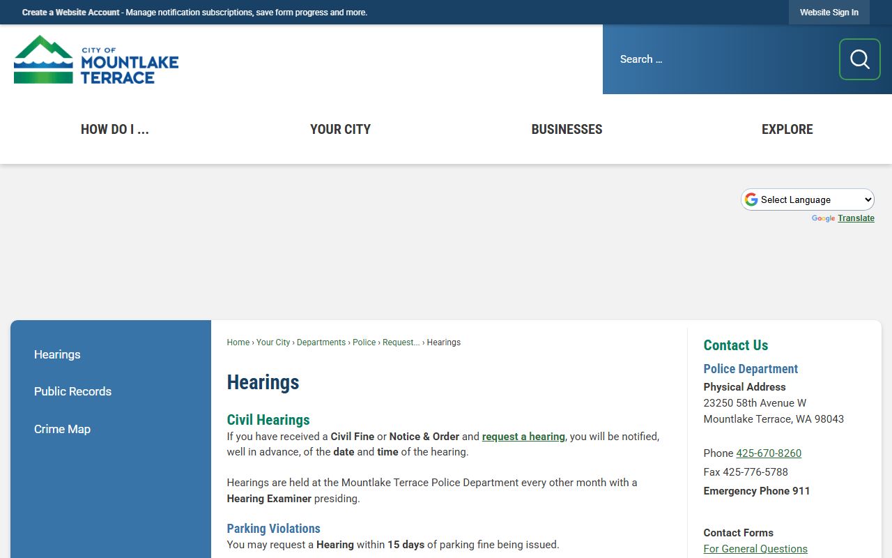 Mountlake Terrace Traffic Ticket Records at the hearings page