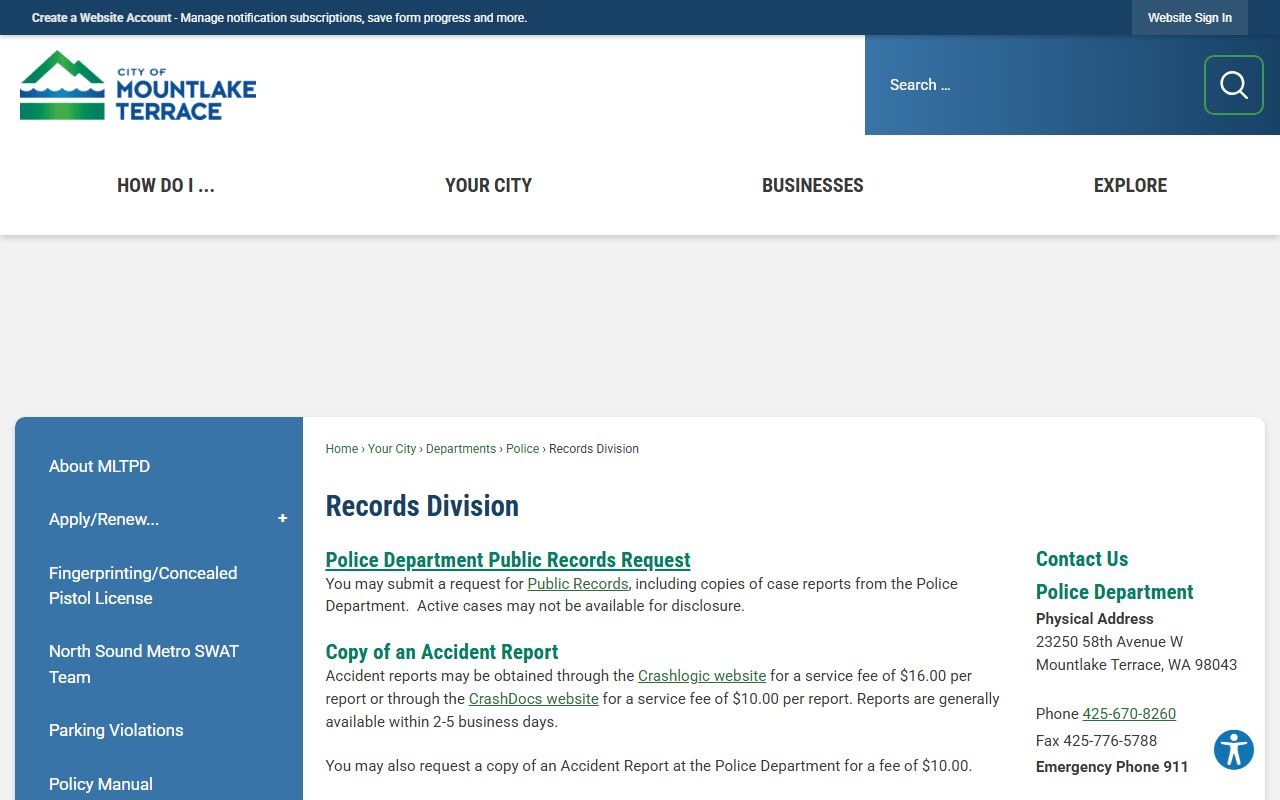 Mountlake Terrace Traffic Ticket Records at the Records Division