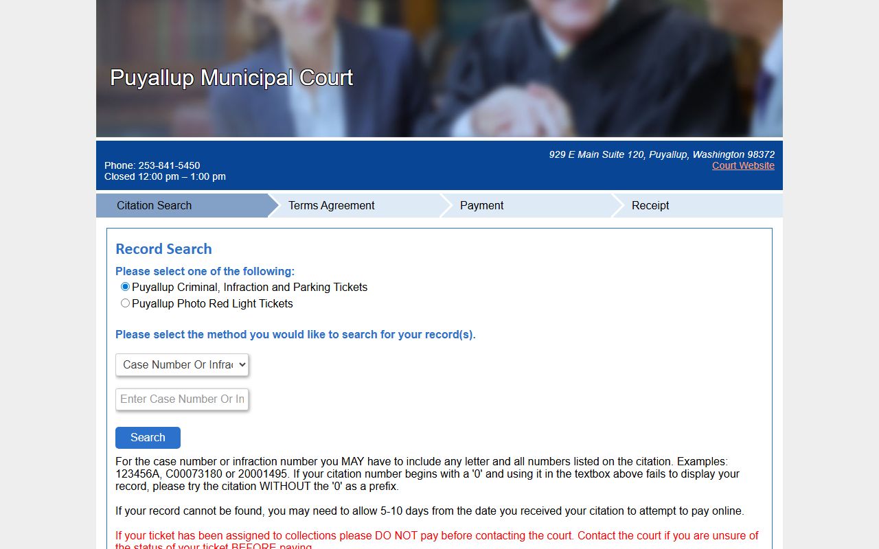 Puyallup Traffic Ticket Records court payments page