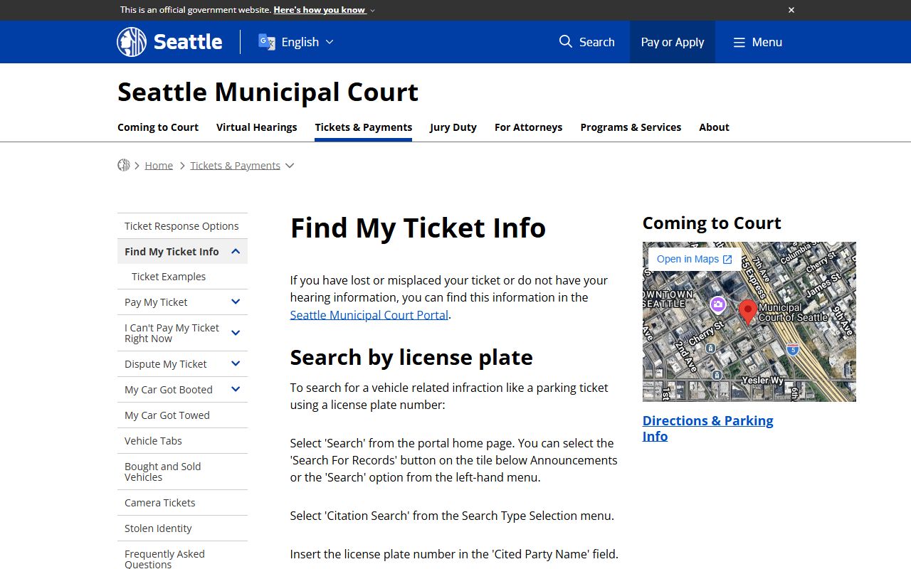 Seattle Traffic Ticket Records find my ticket page