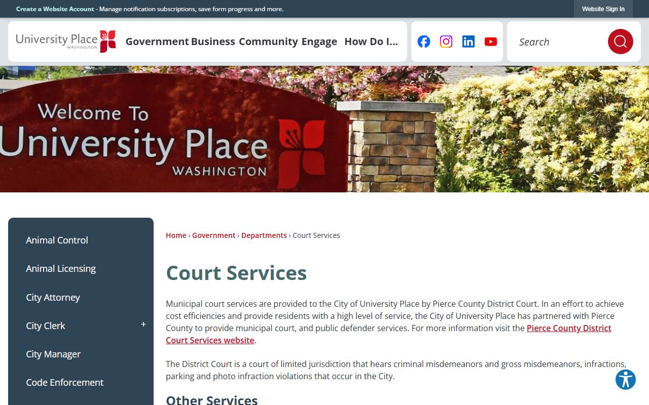 University Place Traffic Ticket Records court services page