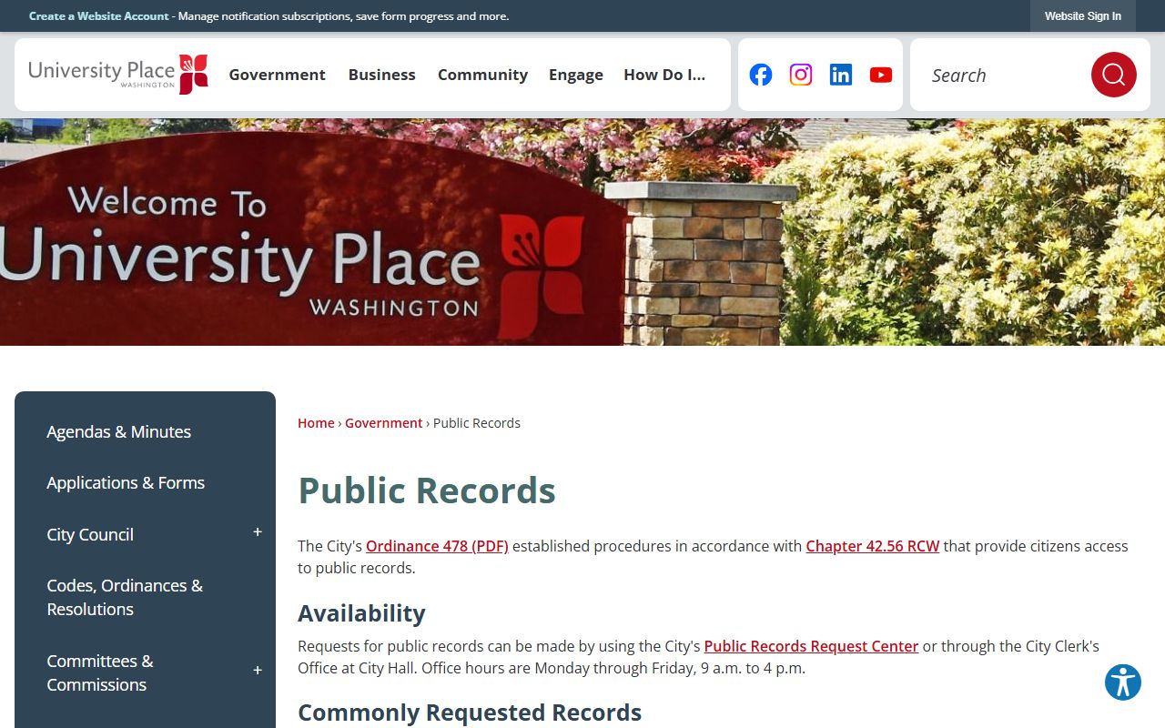 University Place Traffic Ticket Records public records page