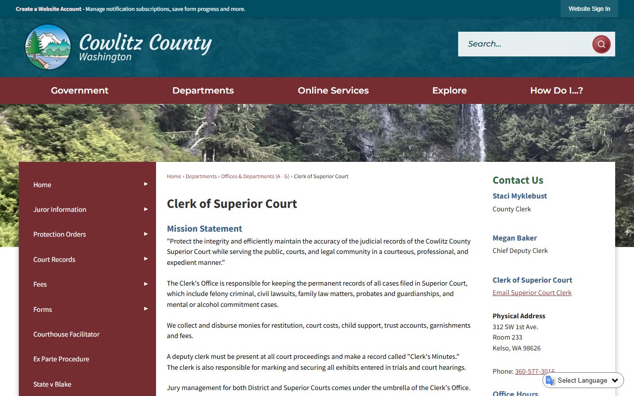 Cowlitz County Traffic Ticket Records clerk page