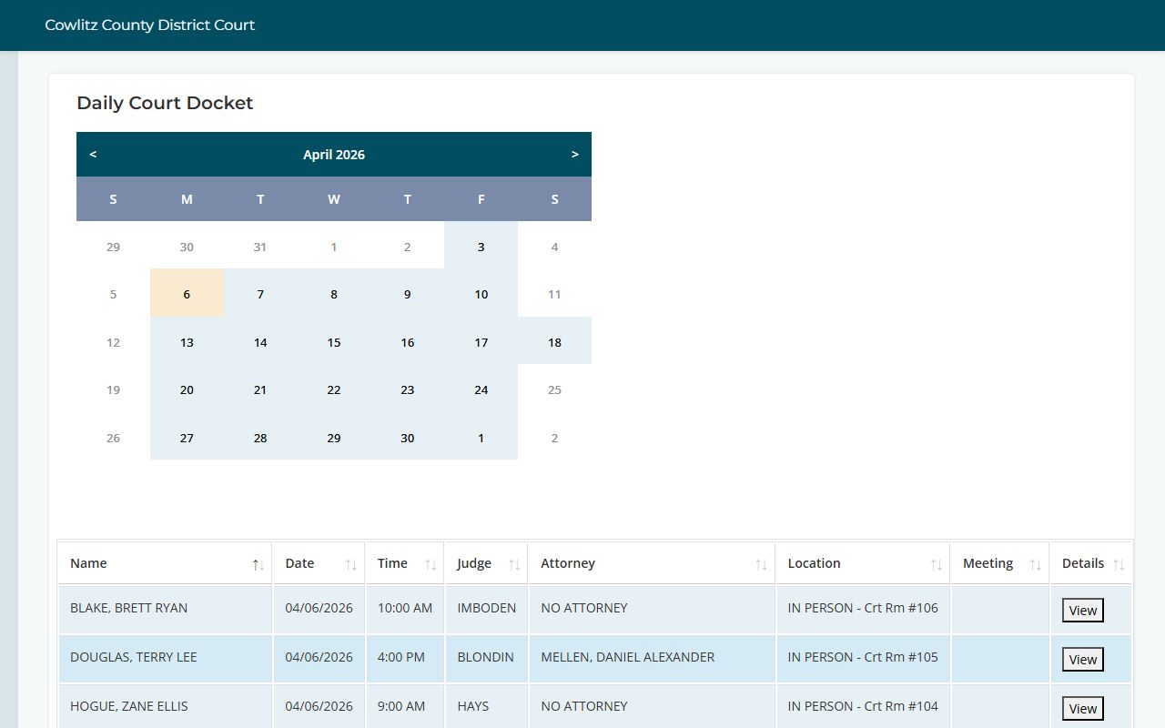 Cowlitz County Traffic Ticket Records daily docket page
