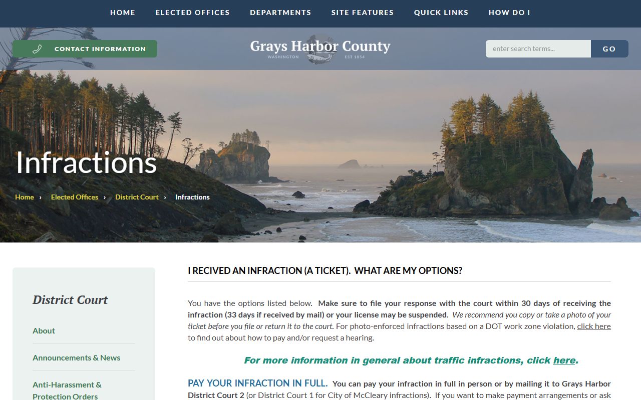Grays Harbor County Traffic Ticket Records infraction procedures page