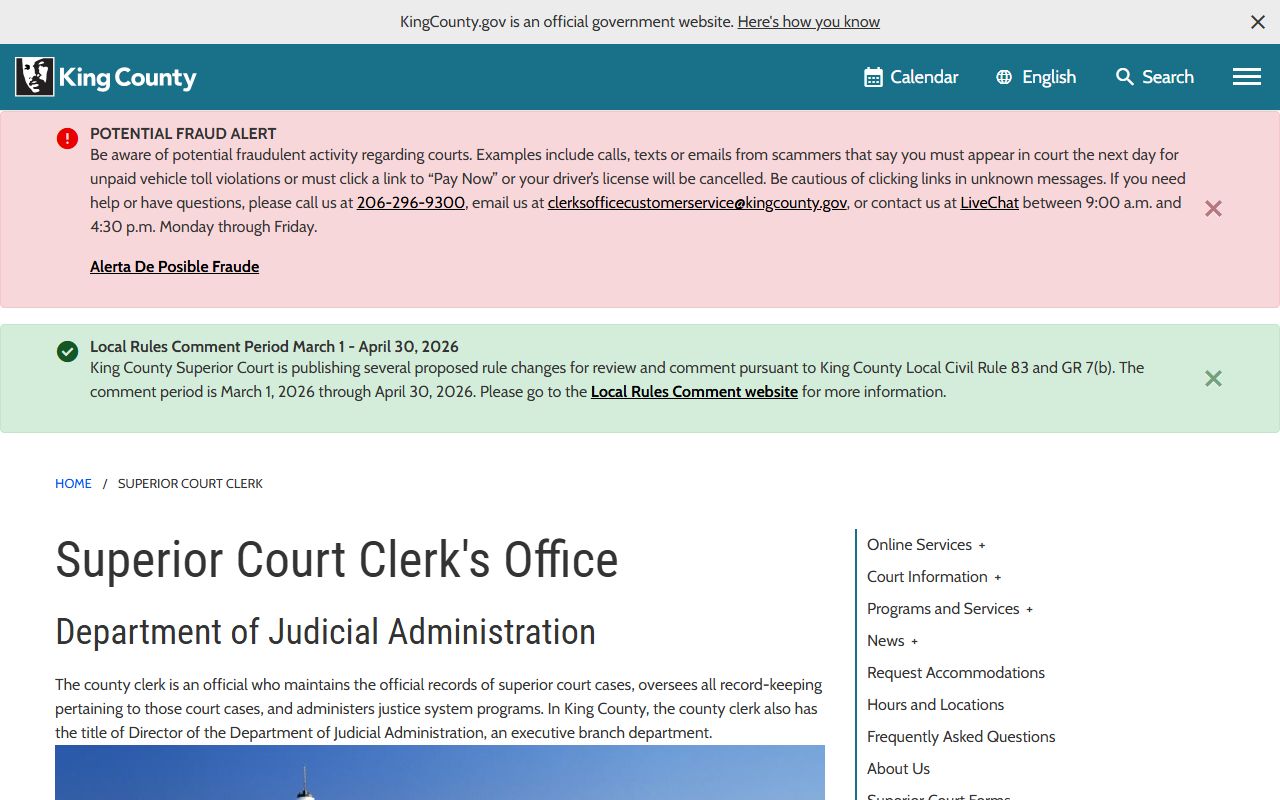 King County Traffic Ticket Records clerk office page