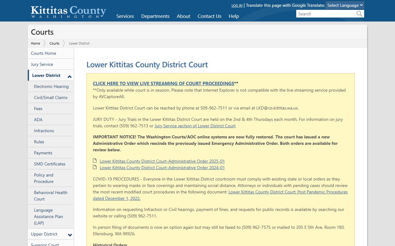 Kittitas County Traffic Ticket Records lower district court page