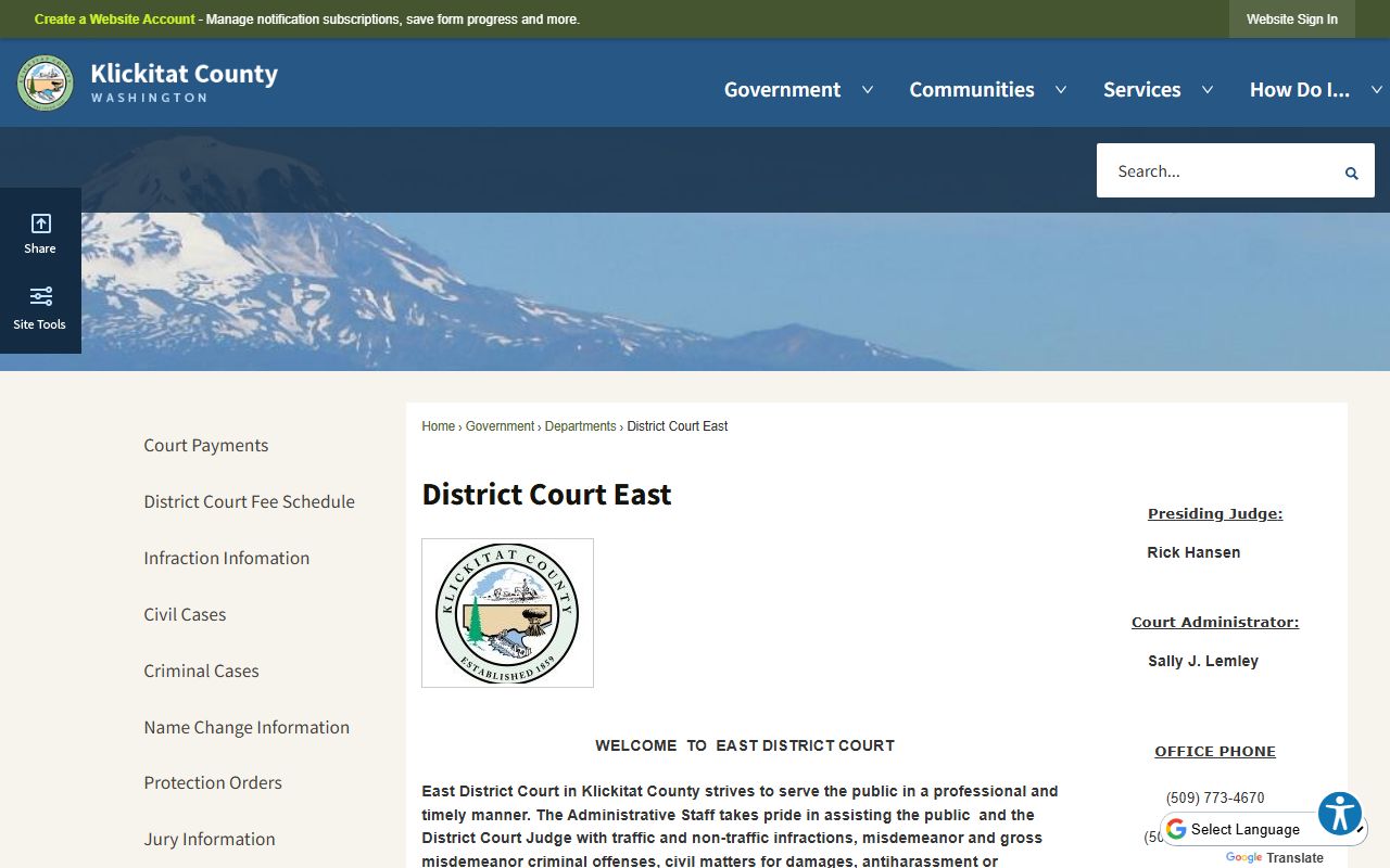 Klickitat County Traffic Ticket Records east district court page