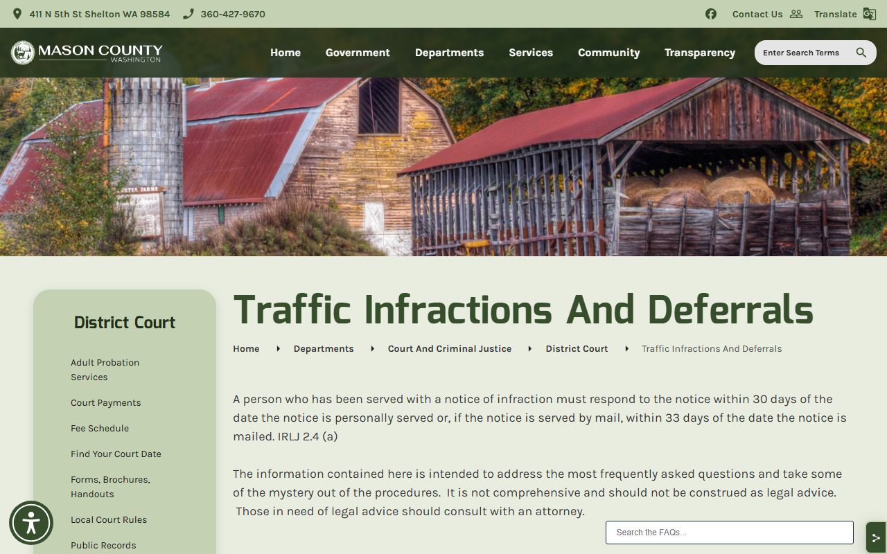 Mason County Traffic Ticket Records traffic infractions page