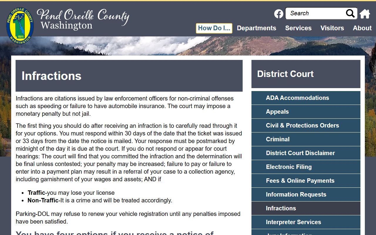 Pend Oreille County Traffic Ticket Records traffic infraction page
