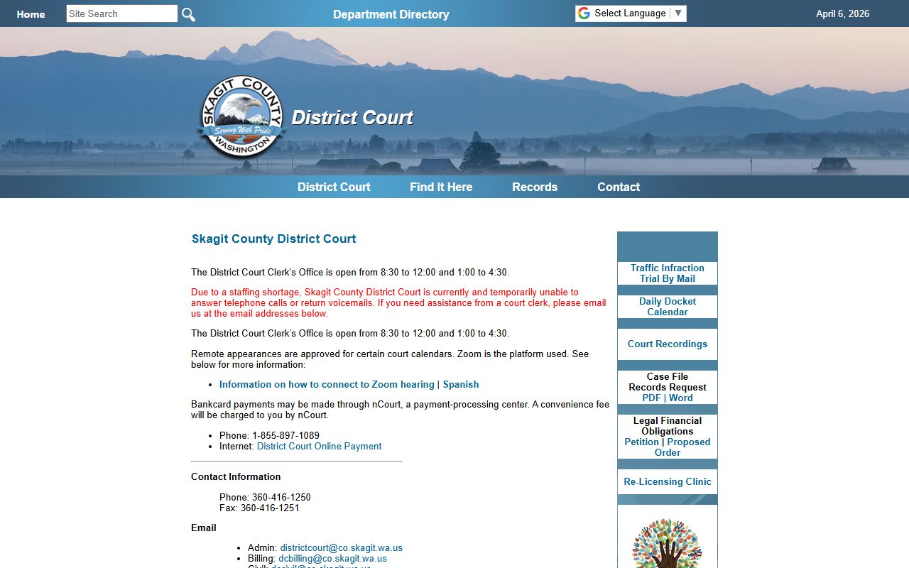 Skagit County Traffic Ticket Records district court page