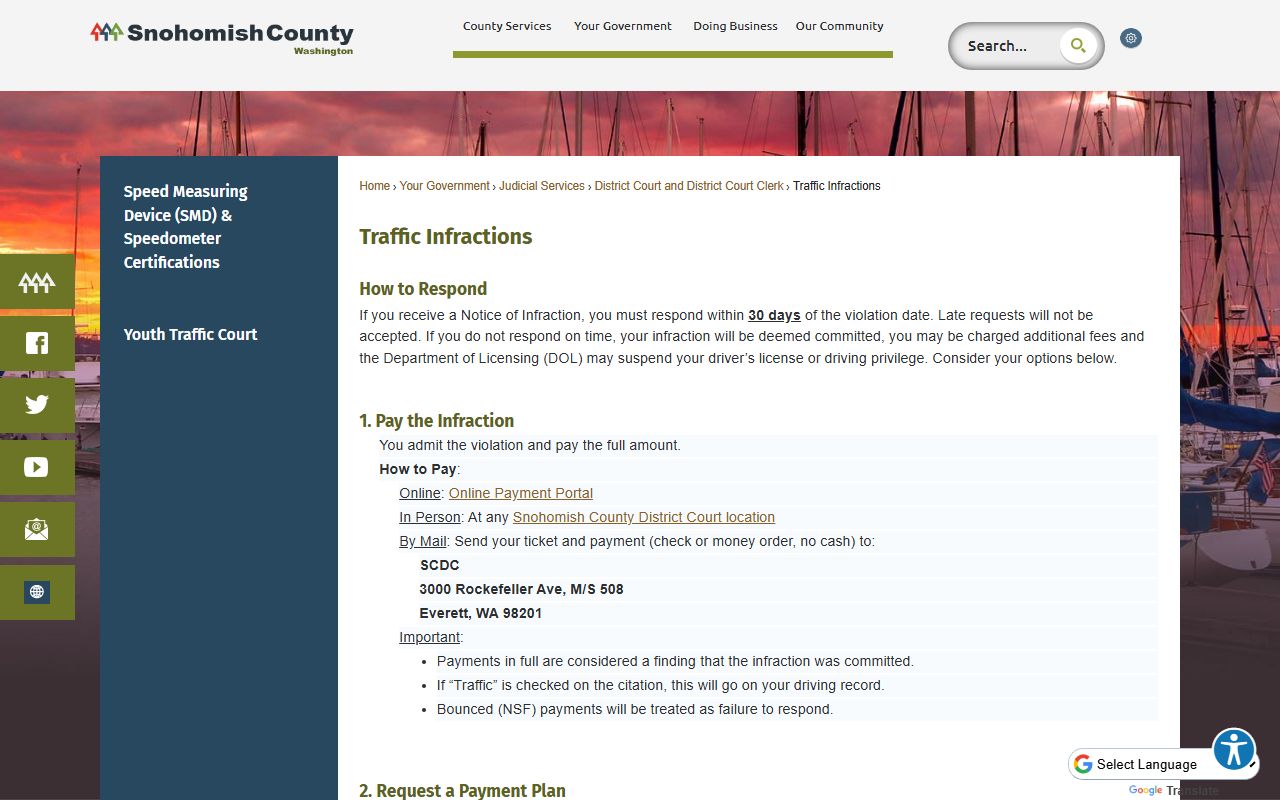 Snohomish County Traffic Ticket Records traffic infractions page