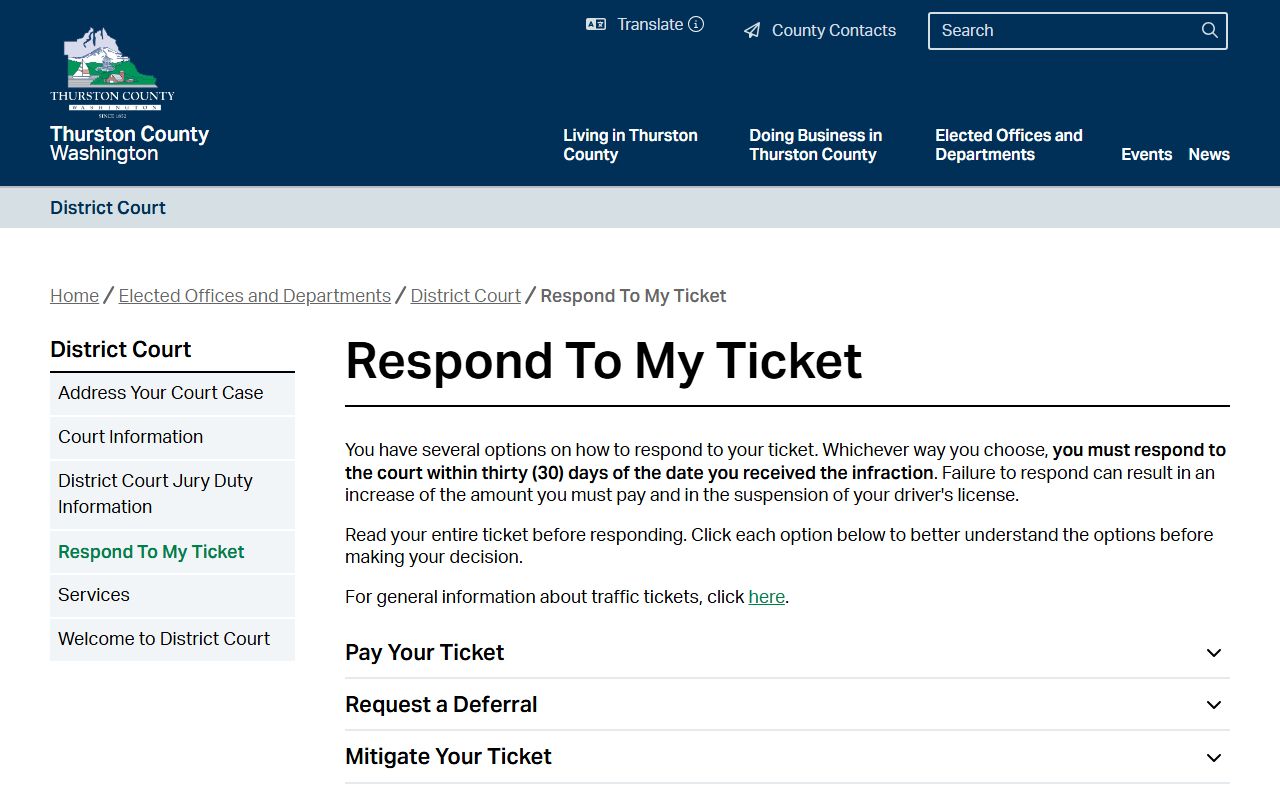 Thurston County Traffic Ticket Records respond to ticket page