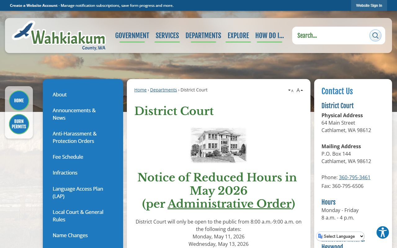 Wahkiakum County Traffic Ticket Records district court page