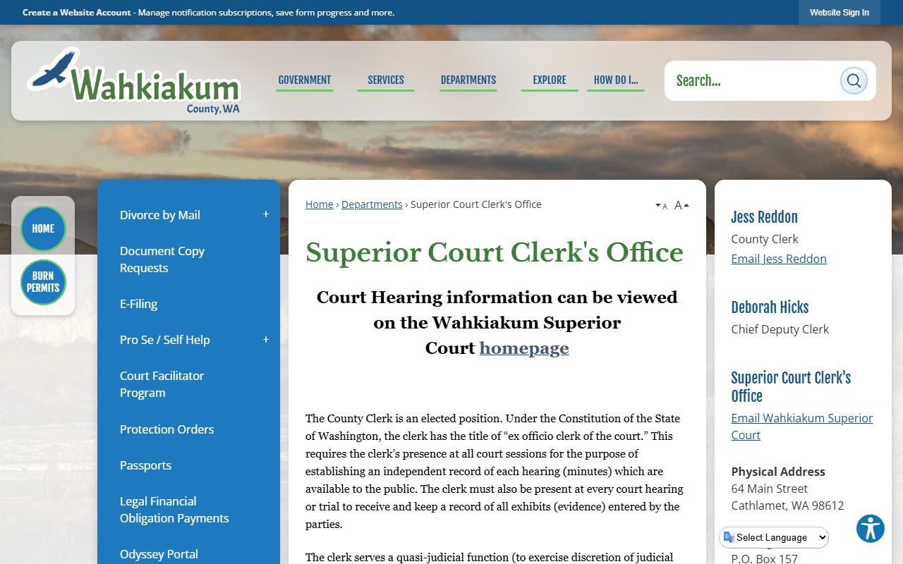 Wahkiakum County Traffic Ticket Records superior court clerk page