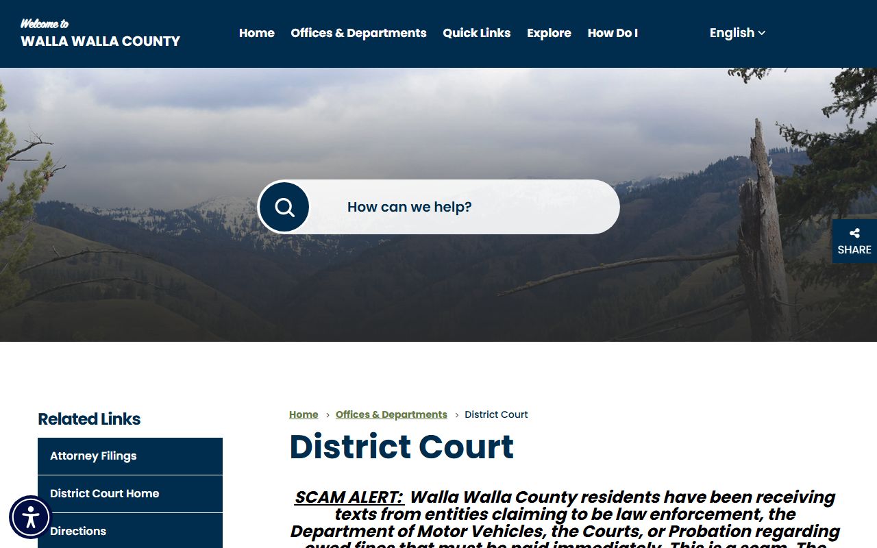 Walla Walla County Traffic Ticket Records district court page