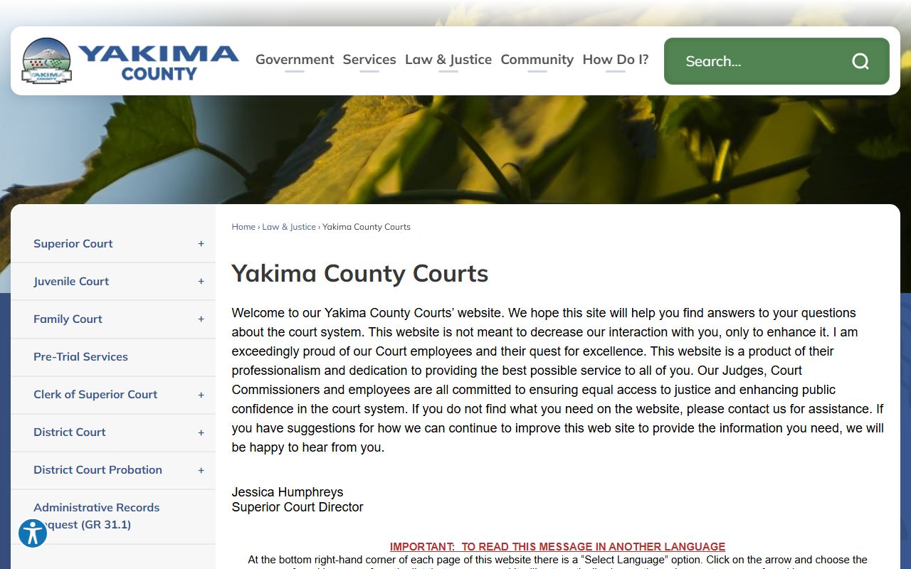 Yakima County Traffic Ticket Records courts hub page